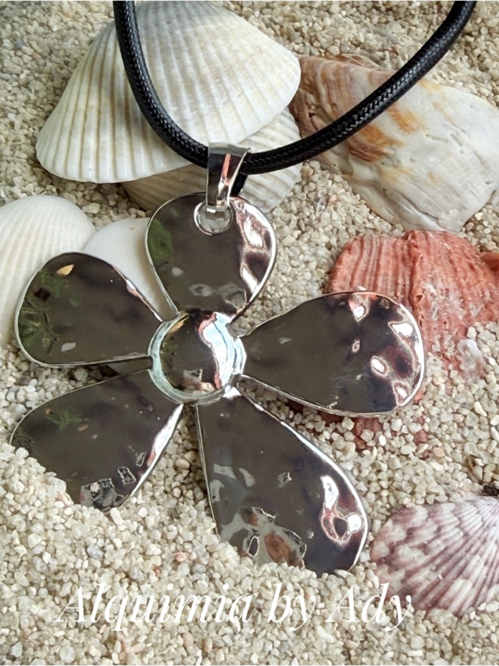 Alquimia Polished Silver Flower Pendant Necklace on Black Cord